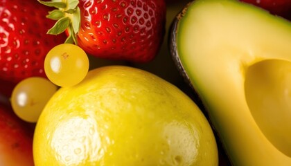 Close-up of fresh strawberries, avocado, lemon, and grapes with vibrant colors
