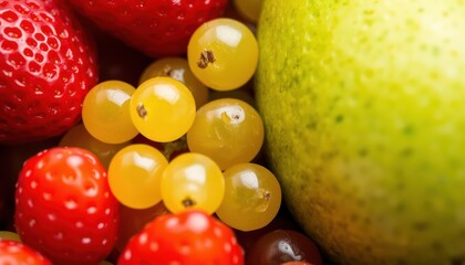 Close-up of fresh strawberries, grapes and a green fruit creating a colorful mix