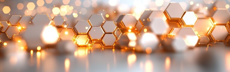 Luminous hexagonal pattern with bokeh and soft reflections