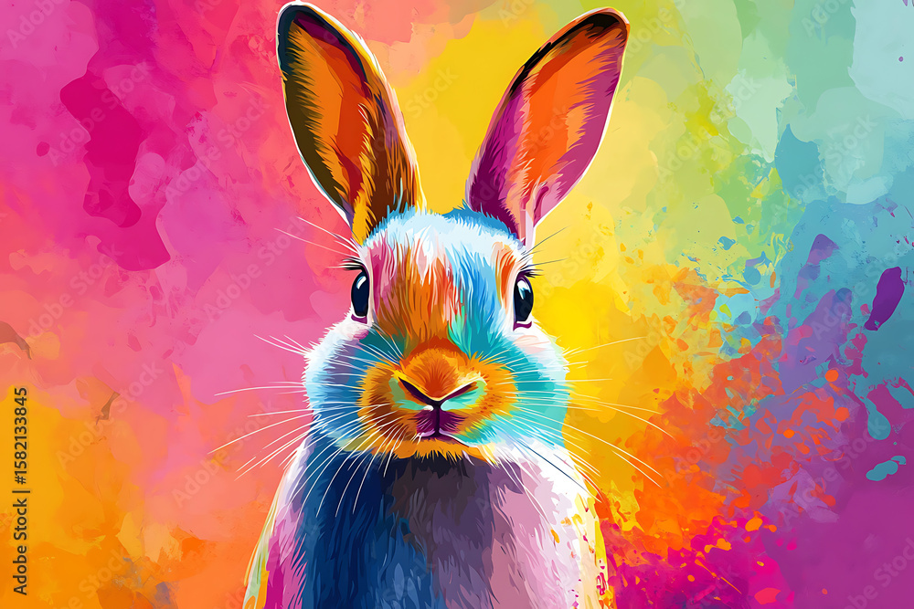 Poster colorful rabbit portrait against a vibrant abstract background with splashes of color