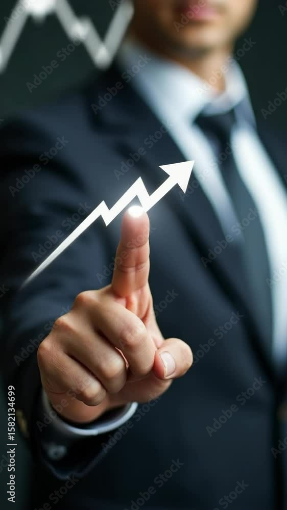 Poster businessman finger pointing arrow graph on virtual interactive touch screen. business development to