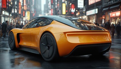 Futuristic Orange Electric Car on Wet City Street at Night