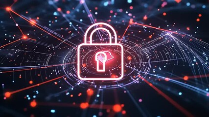 Digital lock symbolizing cybersecurity amidst a vibrant network of interconnected data points - Powered by Adobe