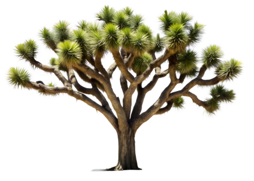 A majestic joshua tree stands tall with its unique spiky branches and green leaves, isolated on a transparent background