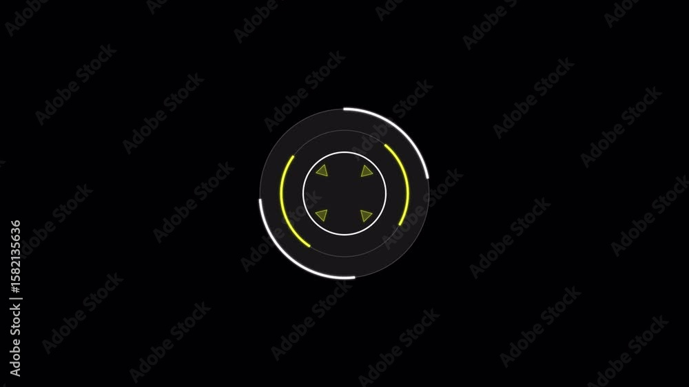 Poster animated hud element with rotating yellow and white arcs on black background.alpha chanel video.