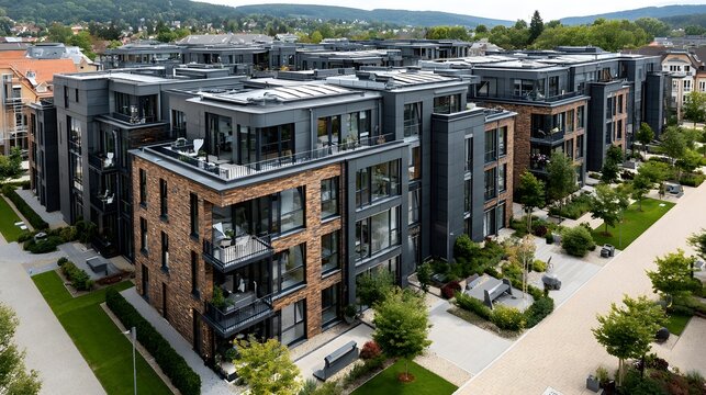 Moderne Stadtwohnanlage mit Backsteinfassade und begr&uuml;nten Au&szlig;enbereichen
