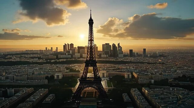 Eiffel Tower stands majestically against a vibrant sunset sky over Paris, Aerial view of the Eiffel Tower rising above the skyline in Paris, France Cinematic