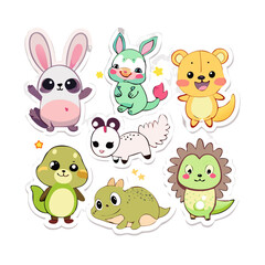 Obraz premium set of funny cartoon animals. Cute quirky rabbit, dino, panda, frog, sheep, bunny vector. Whimsical Illustration for sticker and keychain