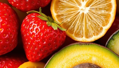 Close-up of fresh strawberries, lemon, and avocado creating a vibrant food arrangement