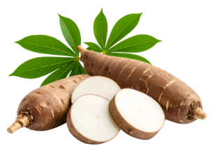 Cassava and Leaves: Fresh cassava root with vibrant green leaves, captured with natural lighting, embodying freshness and culinary possibilities.