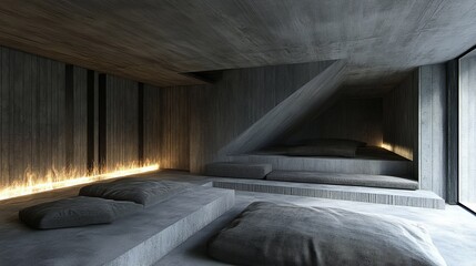 Serene minimalist interior with concrete platforms, wooden walls, and ambient lighting, creating a calming atmosphere
