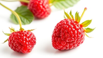 Close-up of Freshly Picked Raspberries with Green Leaves Isolated on White