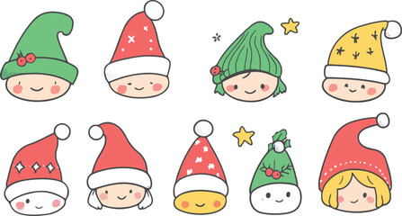 Naklejka premium Cute Christmas Characters Wearing Holiday Hats Vector Illustration on White Background