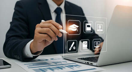 Professional interacting with a futuristic digital interface displaying educational and productivity icons.