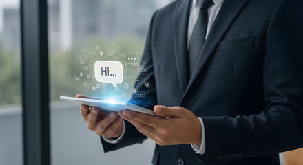 Executive connects digitally through a tablet, featuring an illuminated virtual greeting and communication icons.