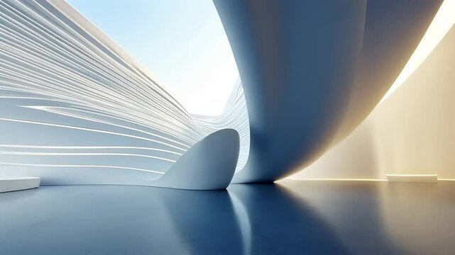 Modern architectural interior with flowing white walls and soft lighting, creating a serene atmosphere