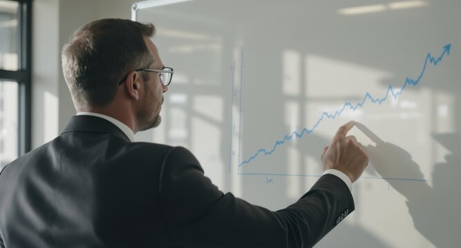 Man points at upward trending line graph on a whiteboard