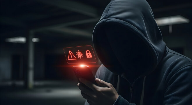 A shadowy individual in a hooded sweatshirt observes a glowing red interface indicating cyber threats.