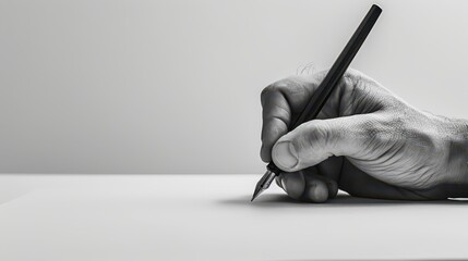 Celebrating the art of writing on world writer day: hand holding a pen against white background. Horizontal banner. Copy space. World Poetry Day. Literacy Day. Knowledge Day. Back to school