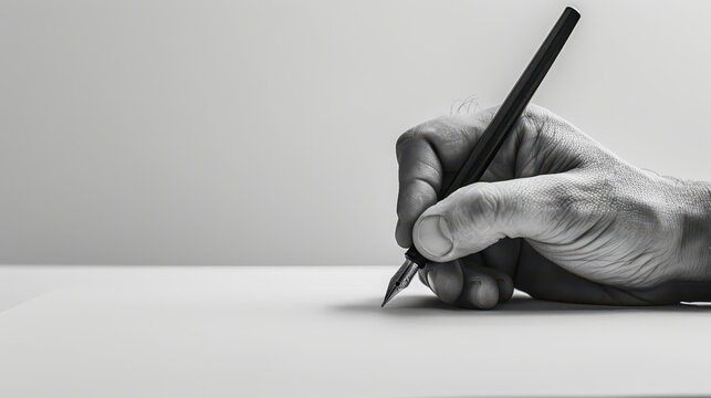 Celebrating the art of writing on world writer day: hand holding a pen against white background. Horizontal banner. Copy space. World Poetry Day. Literacy Day. Knowledge Day. Back to school