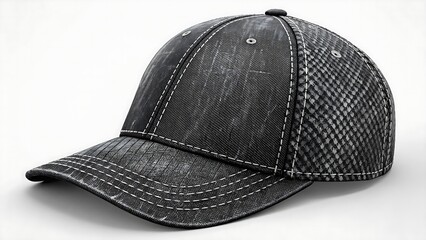 Black and White Textured Baseball Cap on Grey Platform,rugged gray baseball cap photographed in moody lighting, revealing its vintage texture and classic construction.  
