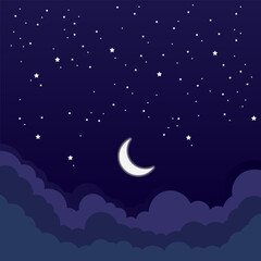 Obraz premium Vector illustration of moon, stars and clouds at night, suitable for bed sheets