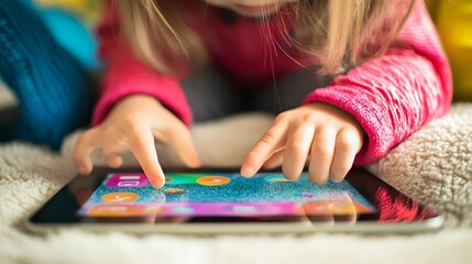 Fototapeta premium kids’ hands tapping a tablet screen, colorful educational app displayed, digital learning at home 