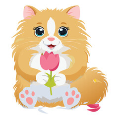 Orange Cat with Pink Tulip Blossom