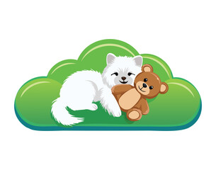 Sweet White Cat Resting on Green Pillow