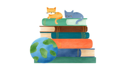 Stack of books with two cats and a globe. A cozy watercolor scene for Book Lovers Day, uniting comfort, curiosity, and global exploration through stories.