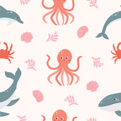 Marine Vector Seamless Pattern. Sea life. Pattern design for kids. Cute childish cartoon background
