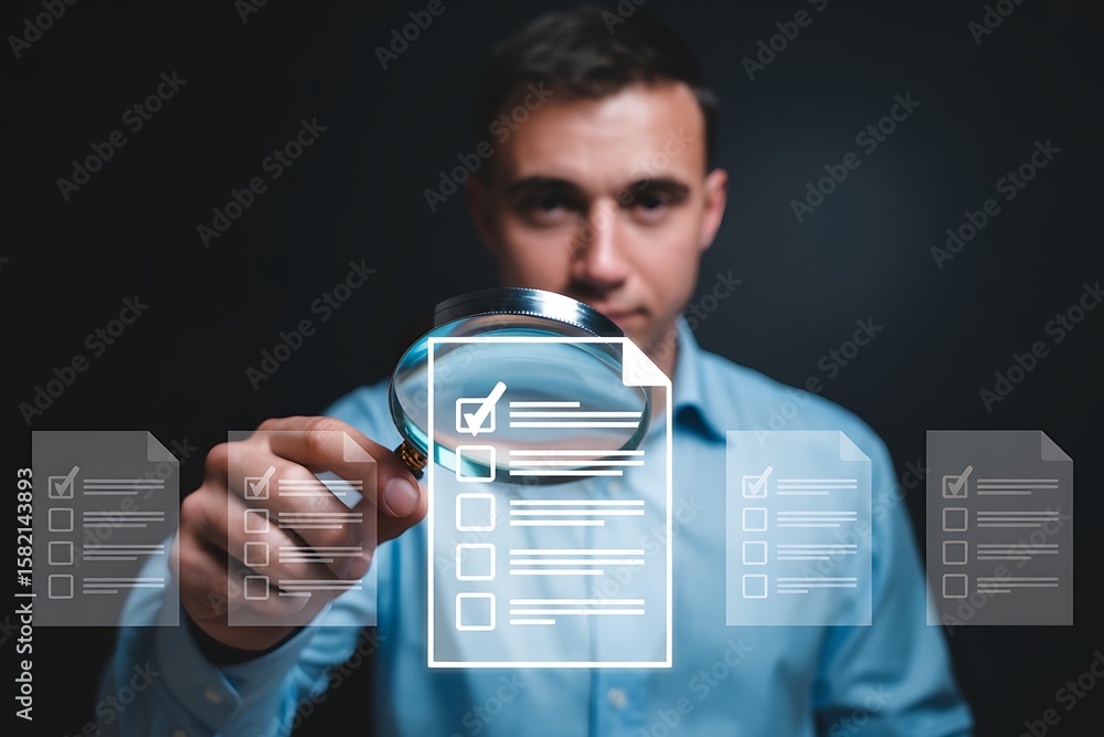 Poster man examining checklist with magnifying glass document review