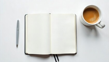 Minimalist Flatlay of Notebook and Mug on White Surface, Inspiring Creativity in Cozy Environment