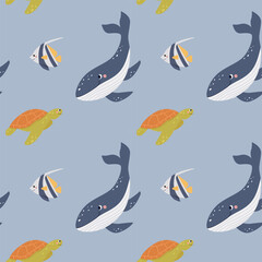 Marine Vector Seamless Pattern. Sea life. Pattern design for kids. Cute childish cartoon background