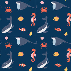 Marine Vector Seamless Pattern. Sea life. Pattern design for kids. Cute childish cartoon background