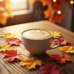 Warm Cup of Pumpkin Spice Latte with Latte Art and Autumn Leaves on Wooden Table