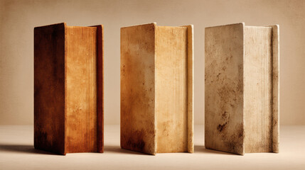 A modern 3D Halloween greeting card design mockup, spine of a book with soft brown and gold gradients. The style is minimalist and antique, Isolated on a parchment background.