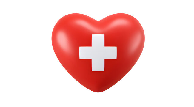3D red heart with Swiss white cross on clean background. A minimalist and symbolic image celebrating Swiss National Day and national pride.