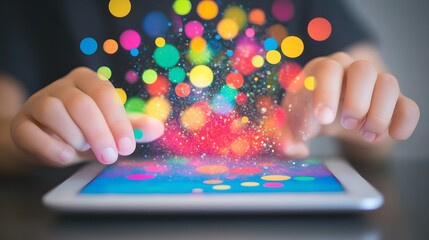 kids&rsquo; hands tapping a tablet screen, colorful educational app displayed, digital learning at home 
