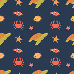 Marine Vector Seamless Pattern. Sea life. Pattern design for kids. Cute childish cartoon background