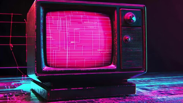 Retro artificial neural network inspired television design in vibrant pink and blue colors, Artificial Neural Network retrowave VHS style with grain ing