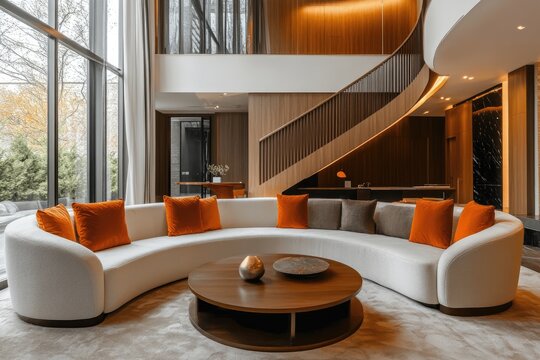 Modern, curved sectional sofa in a spacious, upscale living room with wood accents and large windows
