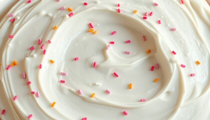 Close-up of frosted cake with colorful sprinkles, perfect for celebratory events