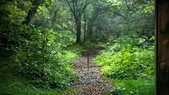 Wooden signpost guiding to trails through lush green forest during peaceful day, Wooden signpost in lush green forest along tranquil path
