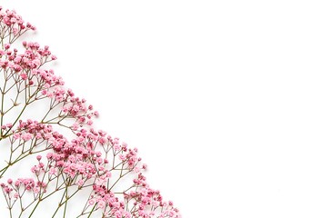 Delicate pink baby's breath flowers arranged diagonally against a pristine white background.