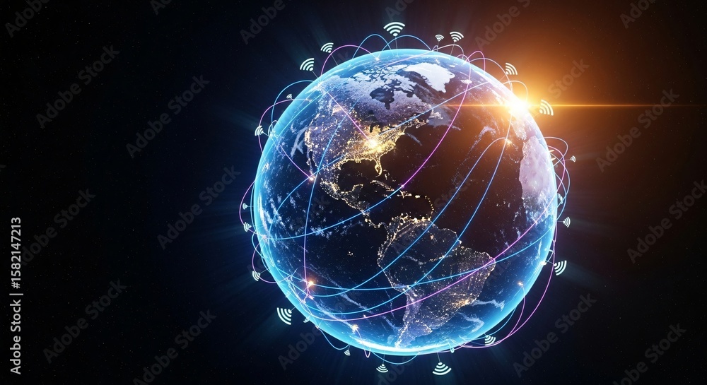 Poster global network connectivity on earth with digital lines and wifi symbols in space at night