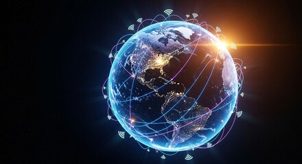 Obraz premium Global Network Connectivity on Earth with Digital Lines and WiFi Symbols in Space at Night