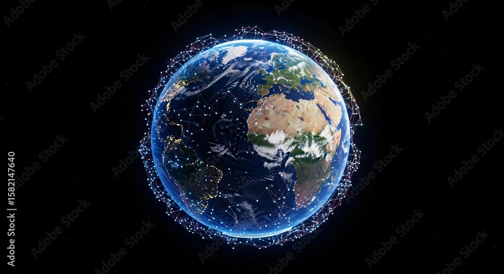 Poster global digital network connecting earth in space - world communication and data connectivity