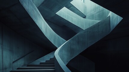 Abstract photo of a modern concrete staircase with a complex, curving design, creating a sense of depth and mystery within a dimly lit interior space