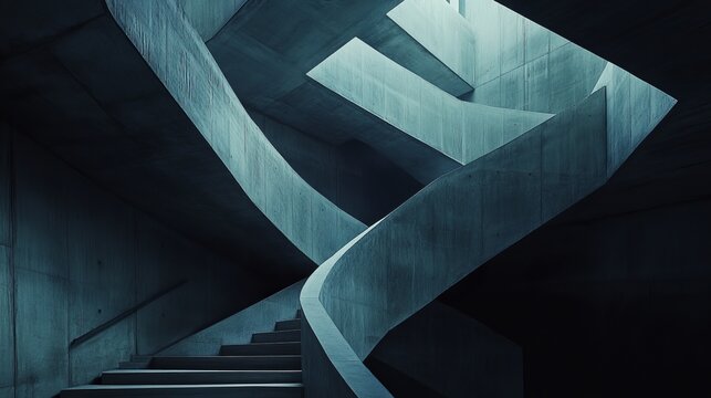Abstract photo of a modern concrete staircase with a complex, curving design, creating a sense of depth and mystery within a dimly lit interior space